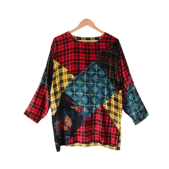 vintage 90s plaid velvet patchwork tunic top M holiday blouse shirt boho vtg - Picture 3 of 6